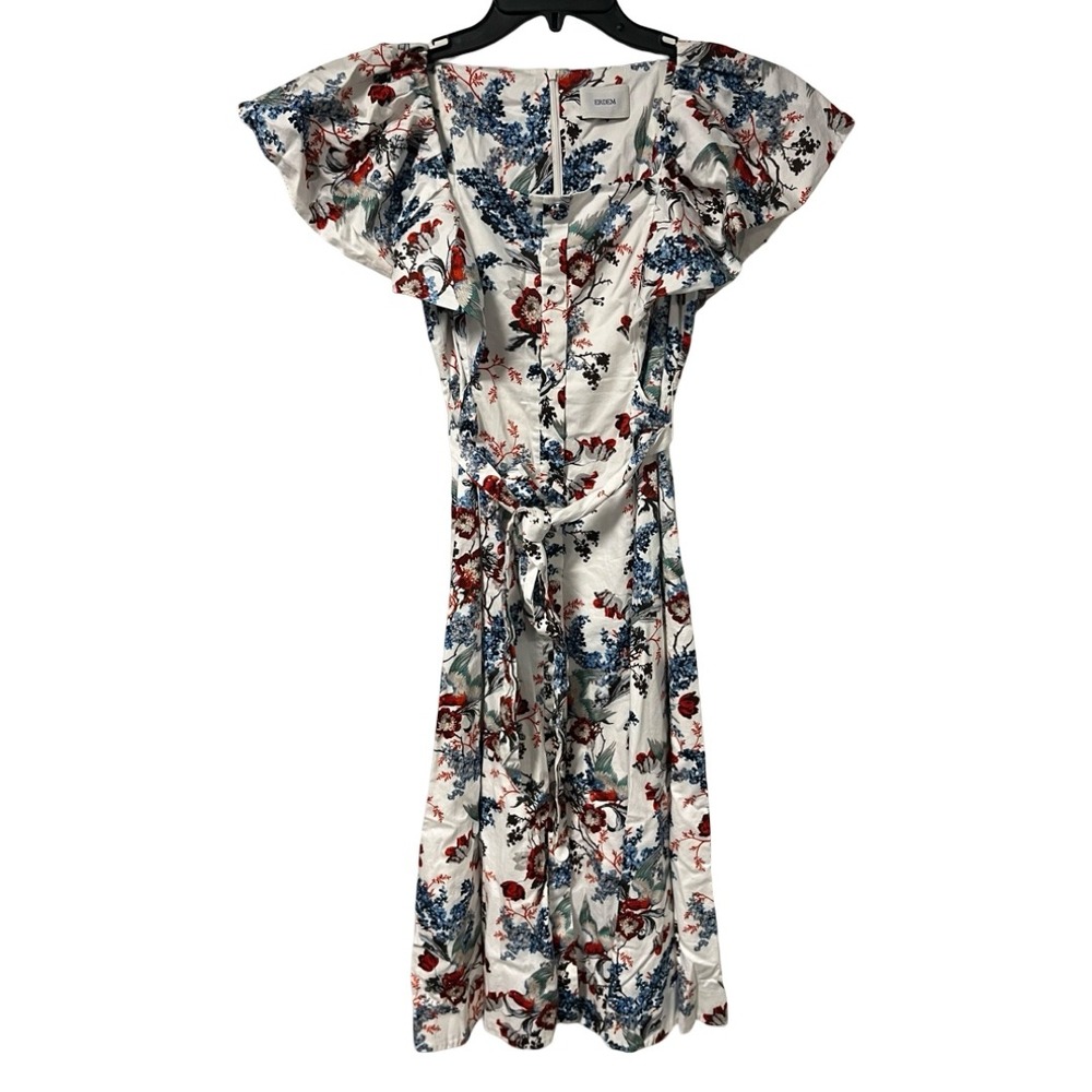 Erdem Maudie Ruffled Bird Floral Print Dress White Cotton Belted US 4
